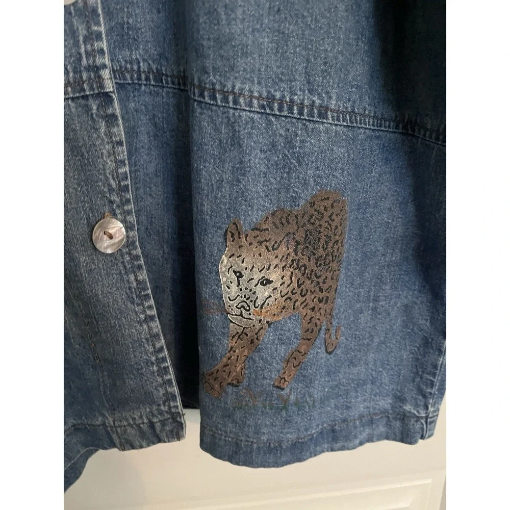 Vintage Shacket Shirt Jean Western Leopard Cheetah Painted XXL‎ Denim Button 460
